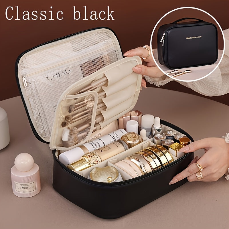1pc Bolsa de Maquiagem Destacável de Grande Capacidade Multi-Camada - Organizador de Viagem de Couro Sintético com Malha e Bolsos Transparentes,