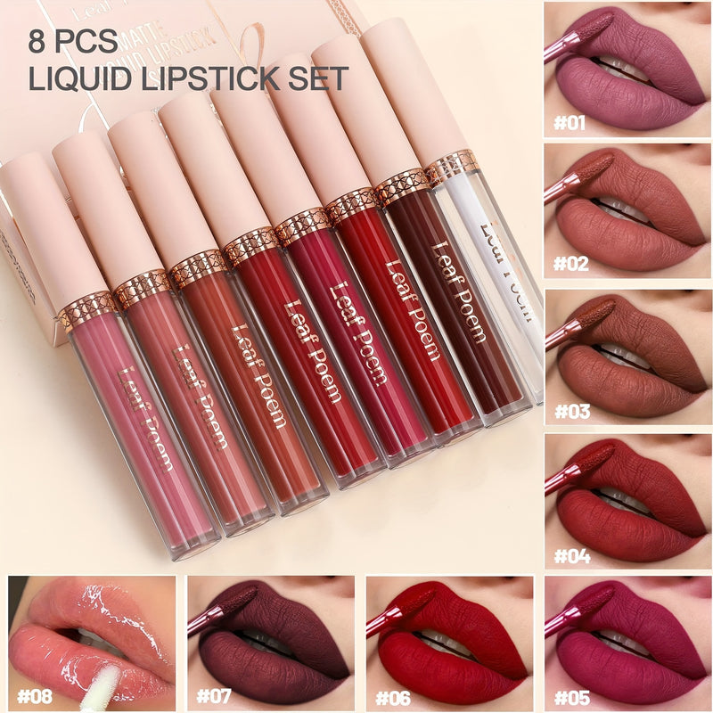 Conjunto de Batom Líquido Matte de Longa Duração, à Prova d'Água 8pcs em Tons de Marrom, Rosa, Roxo e Vermelho