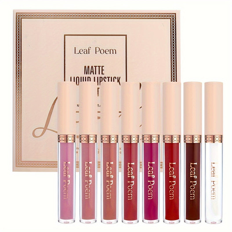 Conjunto de Batom Líquido Matte de Longa Duração, à Prova d'Água 8pcs em Tons de Marrom, Rosa, Roxo e Vermelho