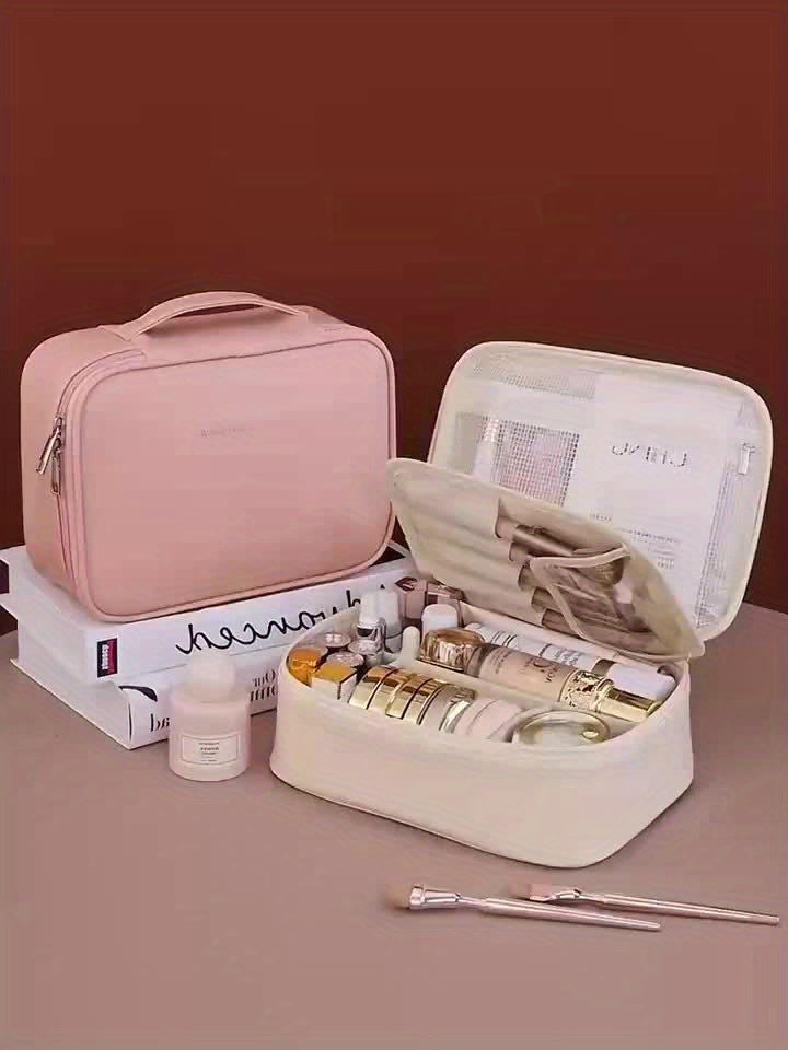 1pc Bolsa de Maquiagem Destacável de Grande Capacidade Multi-Camada - Organizador de Viagem de Couro Sintético com Malha e Bolsos Transparentes,
