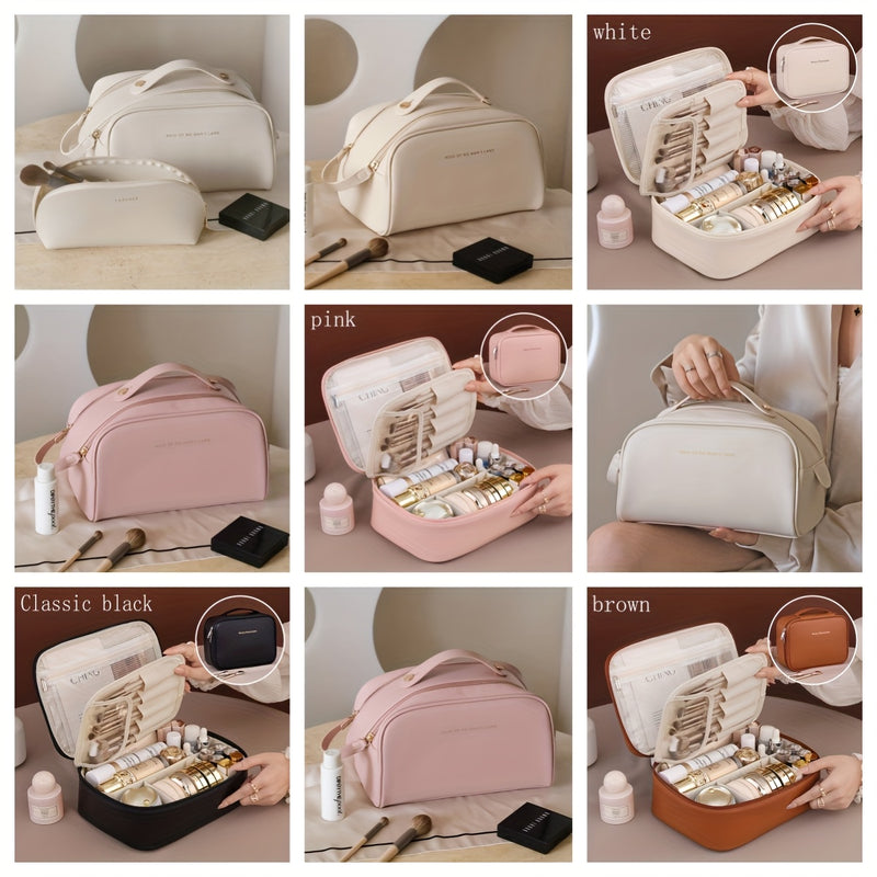 1pc Bolsa de Maquiagem Destacável de Grande Capacidade Multi-Camada - Organizador de Viagem de Couro Sintético com Malha e Bolsos Transparentes,