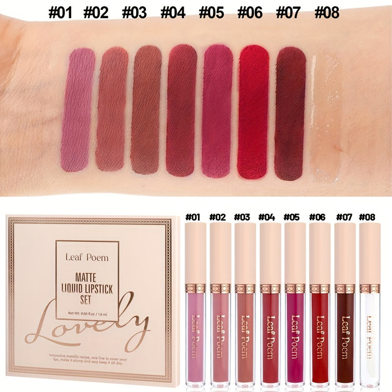 Conjunto de Batom Líquido Matte de Longa Duração, à Prova d'Água 8pcs em Tons de Marrom, Rosa, Roxo e Vermelho