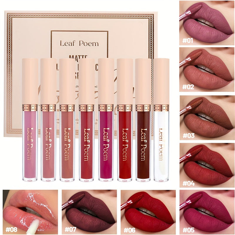 Conjunto de Batom Líquido Matte de Longa Duração, à Prova d'Água 8pcs em Tons de Marrom, Rosa, Roxo e Vermelho