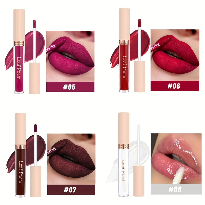 Conjunto de Batom Líquido Matte de Longa Duração, à Prova d'Água 8pcs em Tons de Marrom, Rosa, Roxo e Vermelho