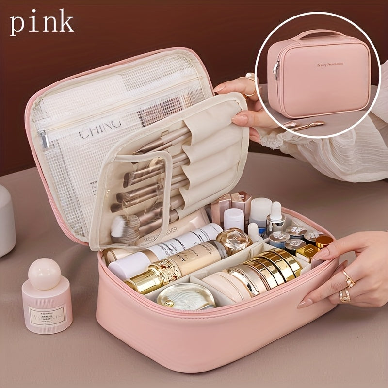 1pc Bolsa de Maquiagem Destacável de Grande Capacidade Multi-Camada - Organizador de Viagem de Couro Sintético com Malha e Bolsos Transparentes,