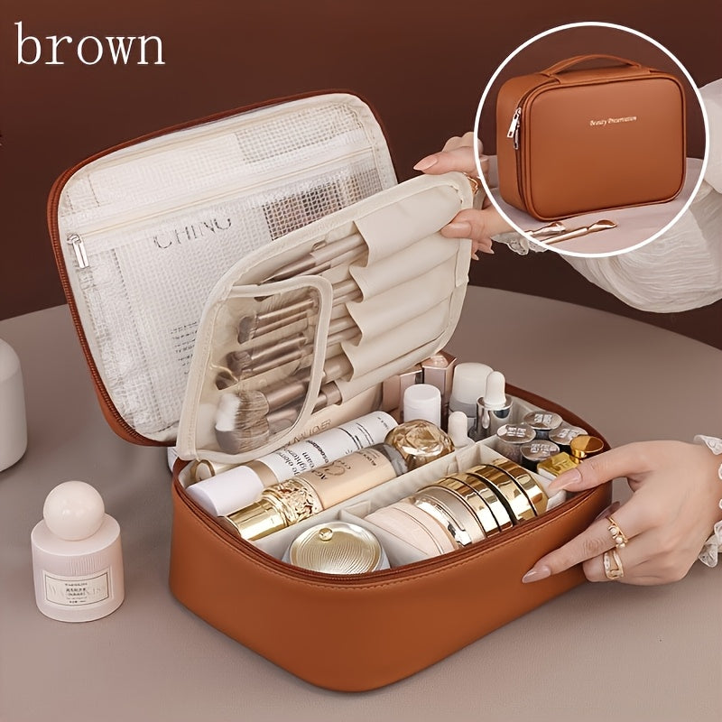1pc Bolsa de Maquiagem Destacável de Grande Capacidade Multi-Camada - Organizador de Viagem de Couro Sintético com Malha e Bolsos Transparentes,
