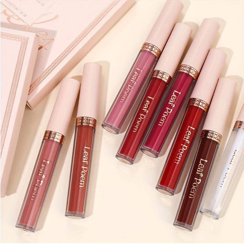 Conjunto de Batom Líquido Matte de Longa Duração, à Prova d'Água 8pcs em Tons de Marrom, Rosa, Roxo e Vermelho