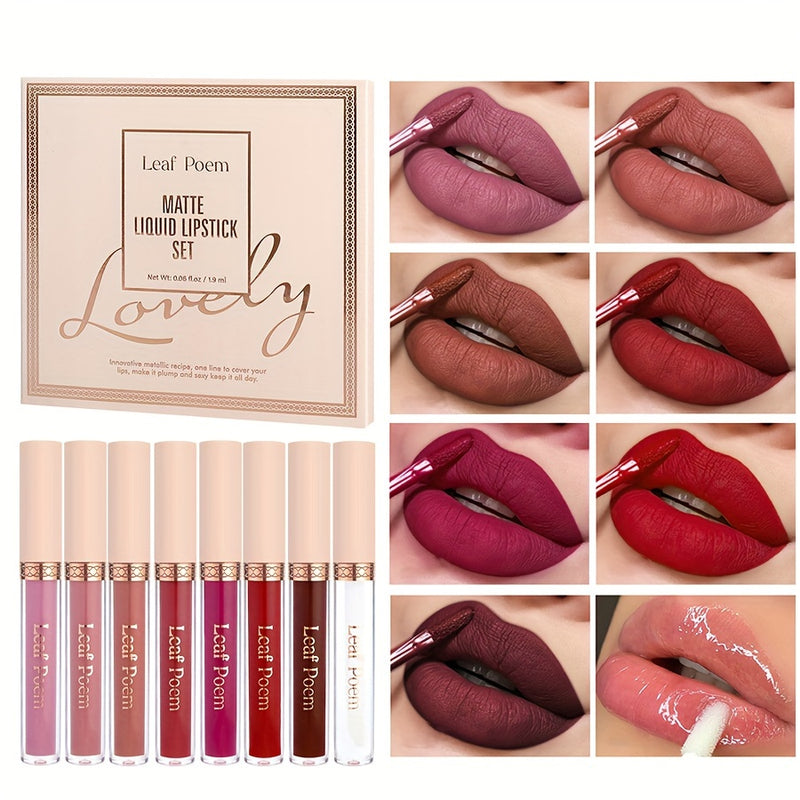 Conjunto de Batom Líquido Matte de Longa Duração, à Prova d'Água 8pcs em Tons de Marrom, Rosa, Roxo e Vermelho