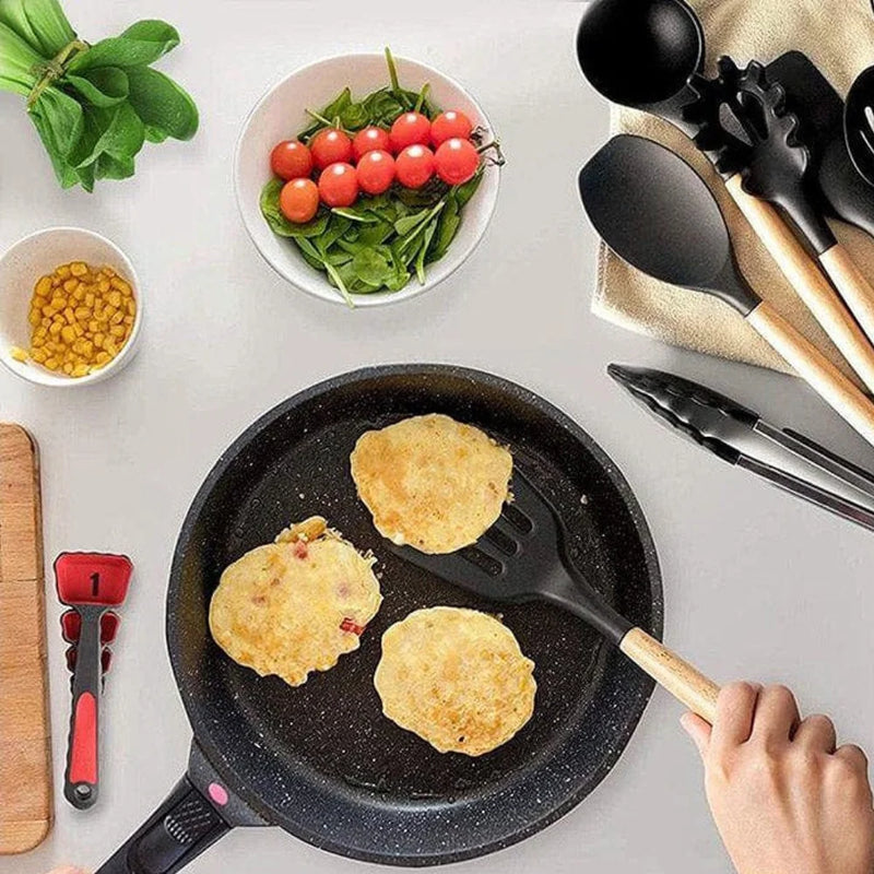 Utensílios De Cozinha Kit C/12 Talheres Cabo Madeira E Pote