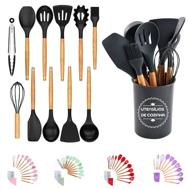 Utensílios De Cozinha Kit C/12 Talheres Cabo Madeira E Pote