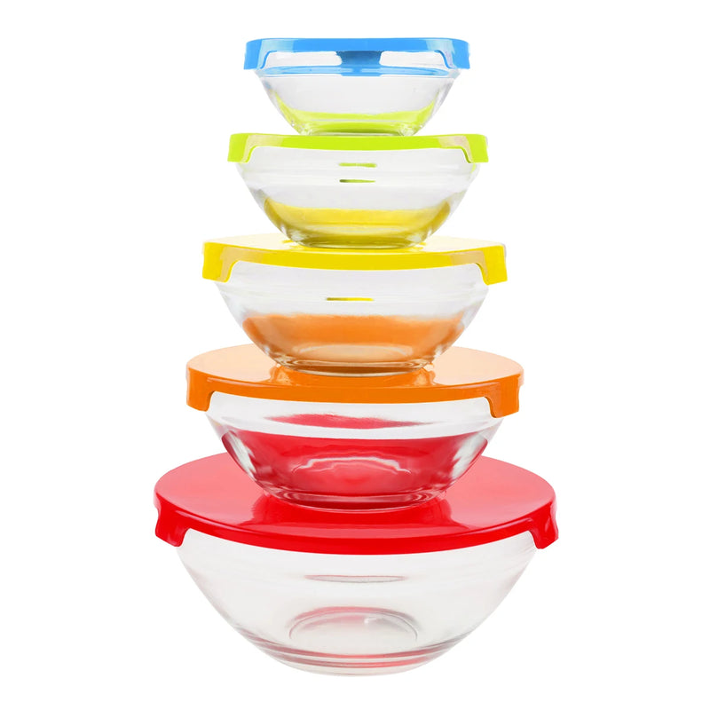 Jogo 5 Potes Tigelas Vidro Tampas Plásticas Coloridas- Dolce Home