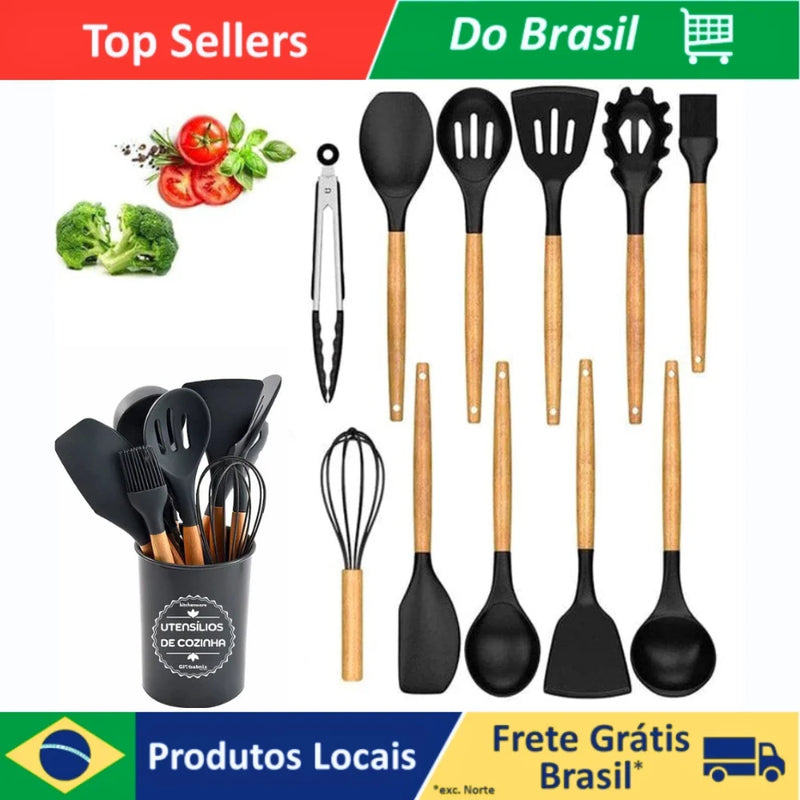 Utensílios De Cozinha Kit C/12 Talheres Cabo Madeira E Pote