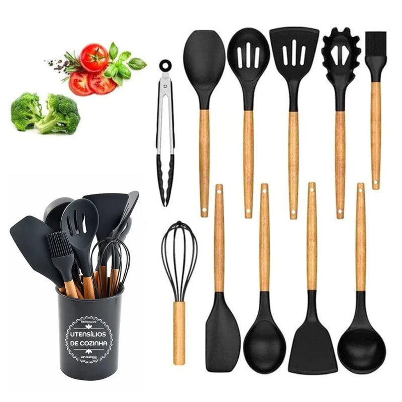 Utensílios De Cozinha Kit C/12 Talheres Cabo Madeira E Pote