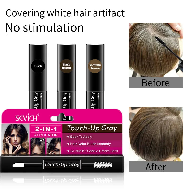 Caneta de tintura de cabelo única, cobertura instantânea de raiz cinza, cor de cabelo branco a marrom escuro, preto, 2 escovas, cabeça macia, fácil aplicação, temporária