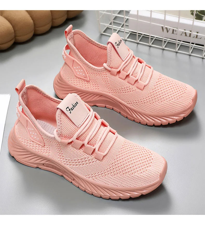 Sapatos casuais tecidos voadores para mulheres, tênis respiráveis, confortáveis, verão, 2024
