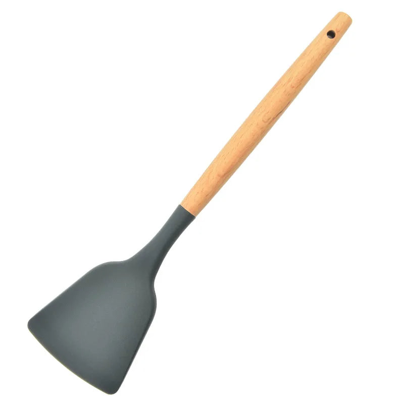 Espátula de cozinha de silicone, colher de sopa com cabo de madeira, ferramentas de cozimento