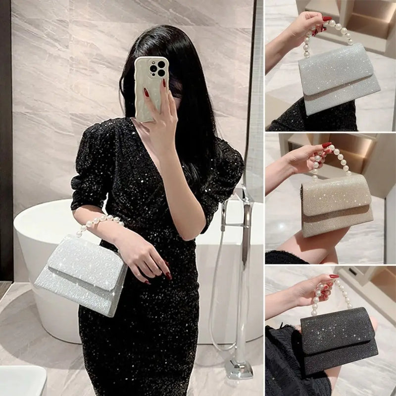 Bolsas de ombro de corrente pérola para mulheres, bolsa dourada, seda brilhante, bolsa de noite elegante, embreagem de banquete, bolsa feminina, luxo