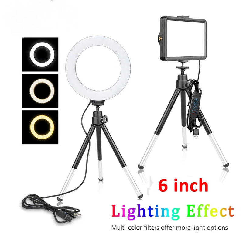LED Fotografia e Vídeo Painel de Luz, 6 ", Filtros RGB, Iluminação, Photo Studio, Lâmpada Kit para Shoot, Live Streaming, Ring Light, Tripé