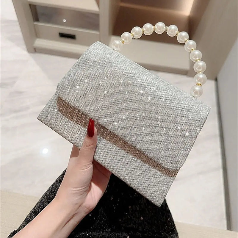 Bolsas de ombro de corrente pérola para mulheres, bolsa dourada, seda brilhante, bolsa de noite elegante, embreagem de banquete, bolsa feminina, luxo