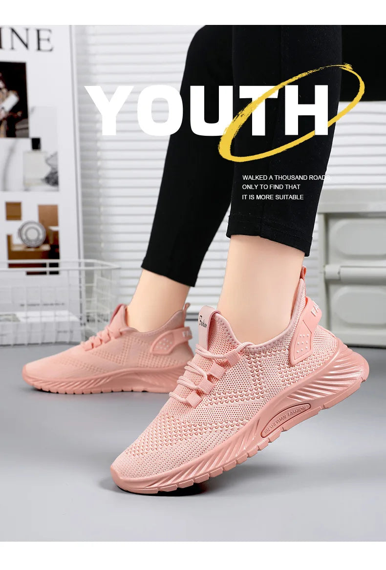 Sapatos casuais tecidos voadores para mulheres, tênis respiráveis, confortáveis, verão, 2024