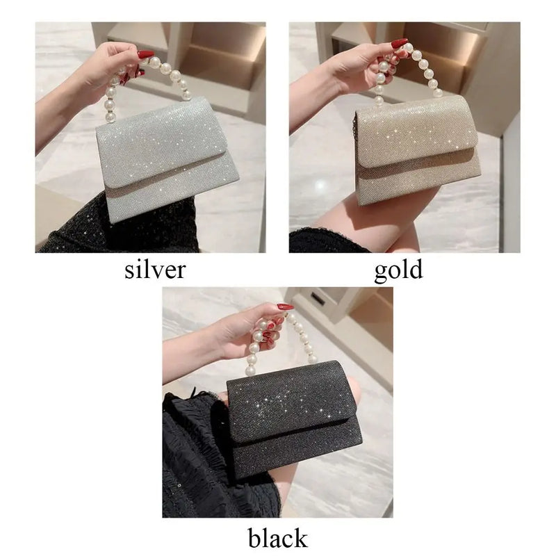 Bolsas de ombro de corrente pérola para mulheres, bolsa dourada, seda brilhante, bolsa de noite elegante, embreagem de banquete, bolsa feminina, luxo