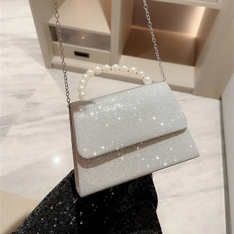 Bolsas de ombro de corrente pérola para mulheres, bolsa dourada, seda brilhante, bolsa de noite elegante, embreagem de banquete, bolsa feminina, luxo