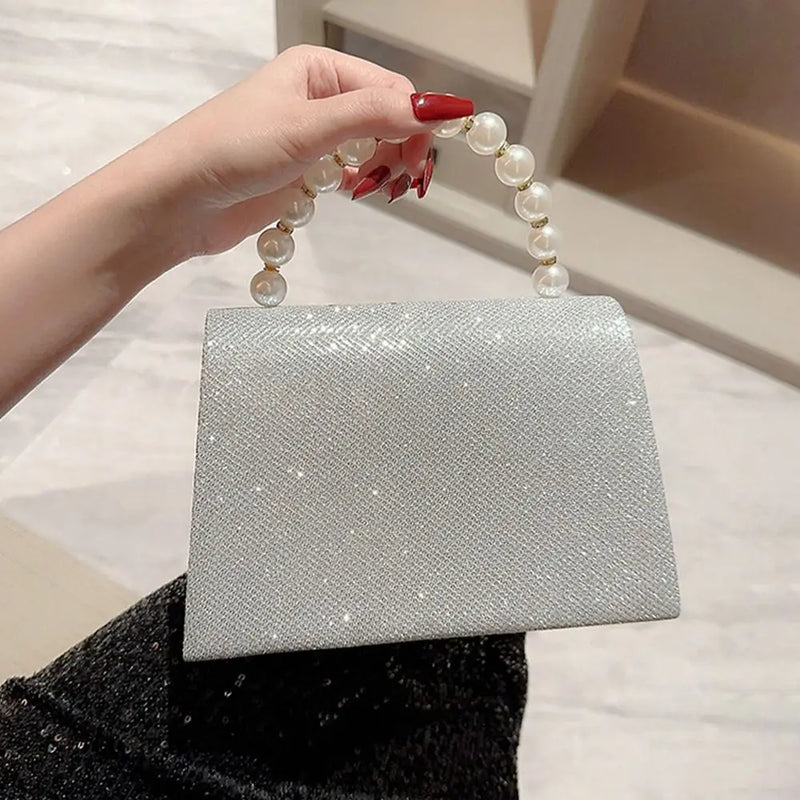 Bolsas de ombro de corrente pérola para mulheres, bolsa dourada, seda brilhante, bolsa de noite elegante, embreagem de banquete, bolsa feminina, luxo