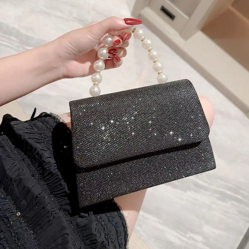 Bolsas de ombro de corrente pérola para mulheres, bolsa dourada, seda brilhante, bolsa de noite elegante, embreagem de banquete, bolsa feminina, luxo