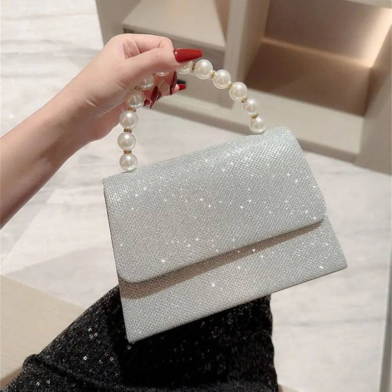 Bolsas de ombro de corrente pérola para mulheres, bolsa dourada, seda brilhante, bolsa de noite elegante, embreagem de banquete, bolsa feminina, luxo
