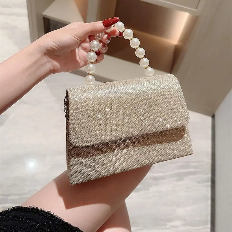 Bolsas de ombro de corrente pérola para mulheres, bolsa dourada, seda brilhante, bolsa de noite elegante, embreagem de banquete, bolsa feminina, luxo