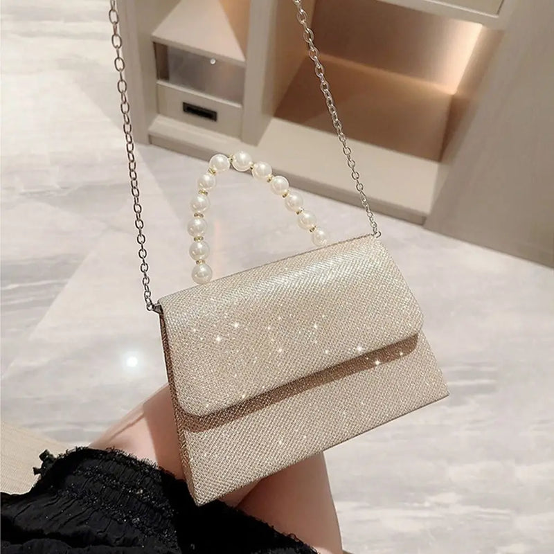 Bolsas de ombro de corrente pérola para mulheres, bolsa dourada, seda brilhante, bolsa de noite elegante, embreagem de banquete, bolsa feminina, luxo