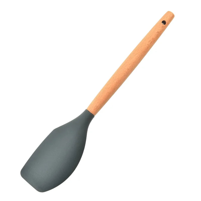 Espátula de cozinha de silicone, colher de sopa com cabo de madeira, ferramentas de cozimento