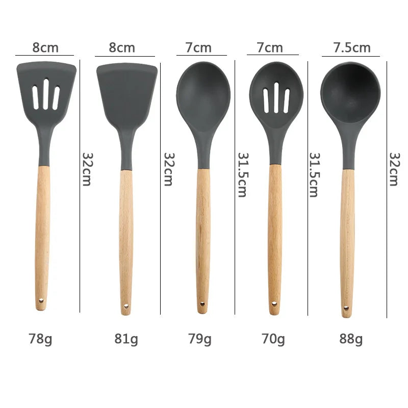 Espátula de cozinha de silicone, colher de sopa com cabo de madeira, ferramentas de cozimento