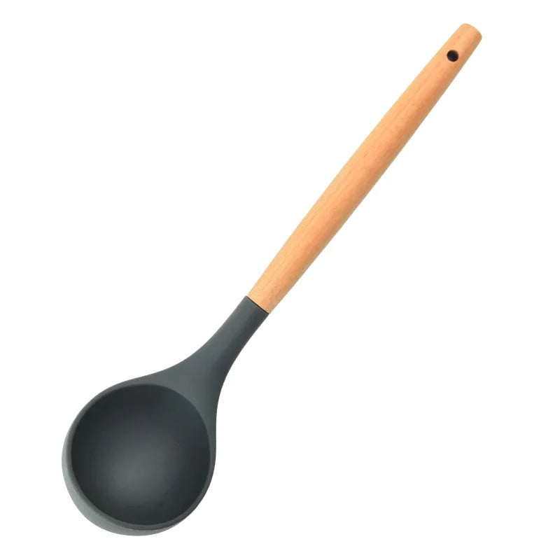 Espátula de cozinha de silicone, colher de sopa com cabo de madeira, ferramentas de cozimento