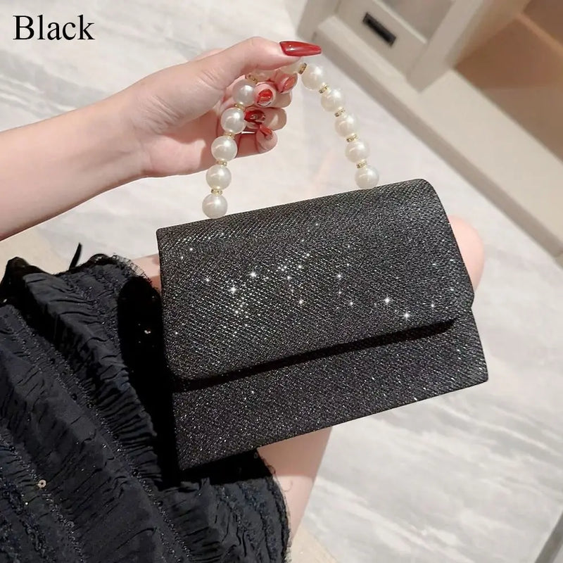 Bolsas de ombro de corrente pérola para mulheres, bolsa dourada, seda brilhante, bolsa de noite elegante, embreagem de banquete, bolsa feminina, luxo