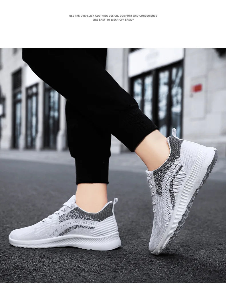 Sapatos esportivos com cordões respiráveis para homens, sapatos soltos casuais, versão coreana, tecido novo voador, primavera e outono