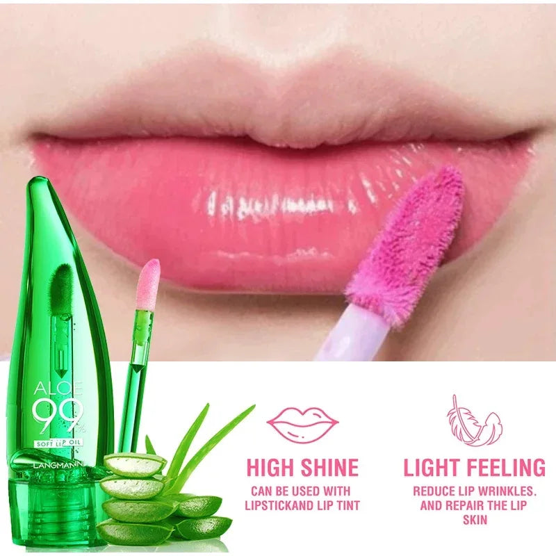 Brilho Labial Hidratante de Longa Duração, Batom Gel Mudando a Cor, Esmalte, Hidratante, Alto Brilho, Óleo Leve, Aloe, Maquiagem Labial