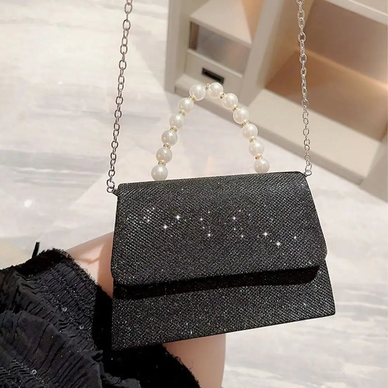 Bolsas de ombro de corrente pérola para mulheres, bolsa dourada, seda brilhante, bolsa de noite elegante, embreagem de banquete, bolsa feminina, luxo