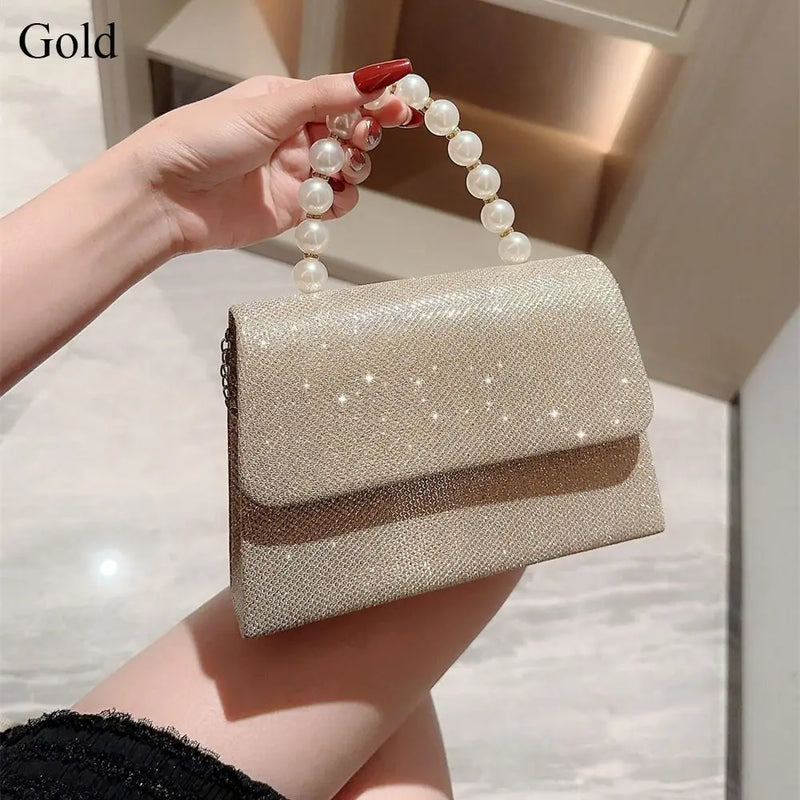 Bolsas de ombro de corrente pérola para mulheres, bolsa dourada, seda brilhante, bolsa de noite elegante, embreagem de banquete, bolsa feminina, luxo