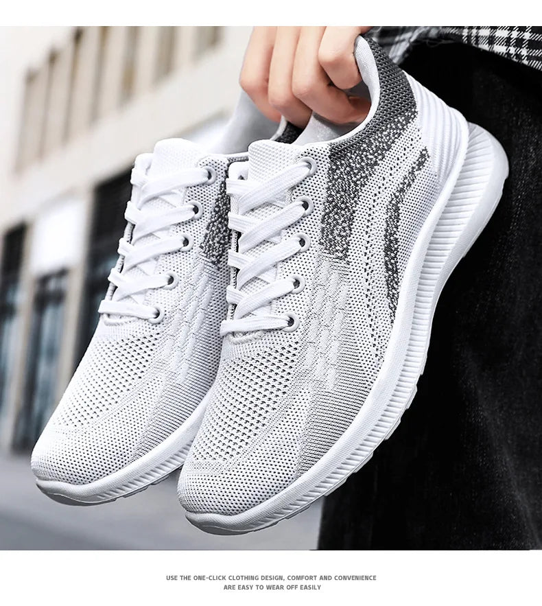Sapatos esportivos com cordões respiráveis para homens, sapatos soltos casuais, versão coreana, tecido novo voador, primavera e outono