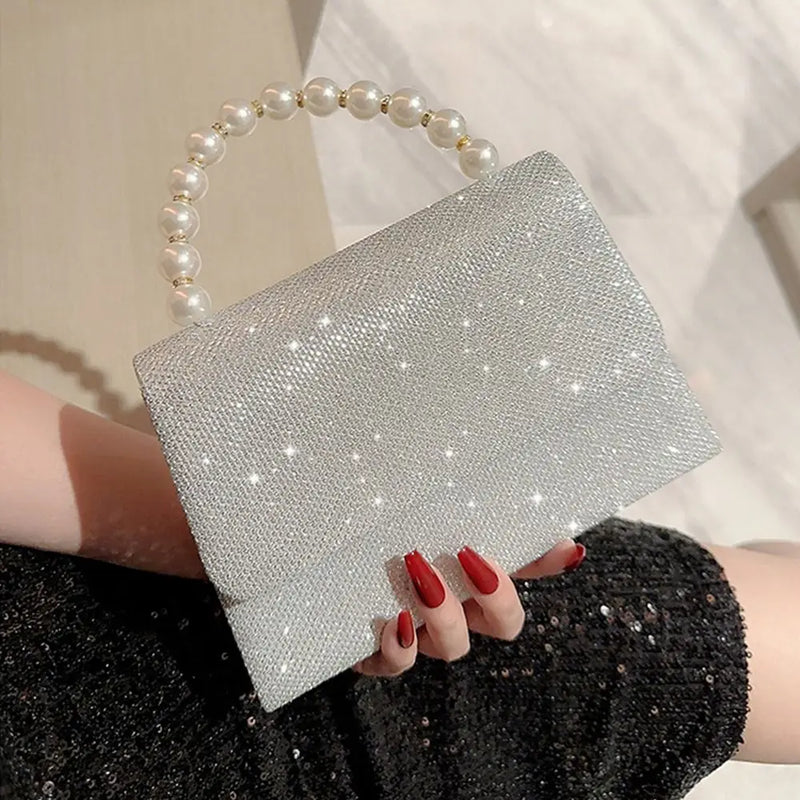 Bolsas de ombro de corrente pérola para mulheres, bolsa dourada, seda brilhante, bolsa de noite elegante, embreagem de banquete, bolsa feminina, luxo