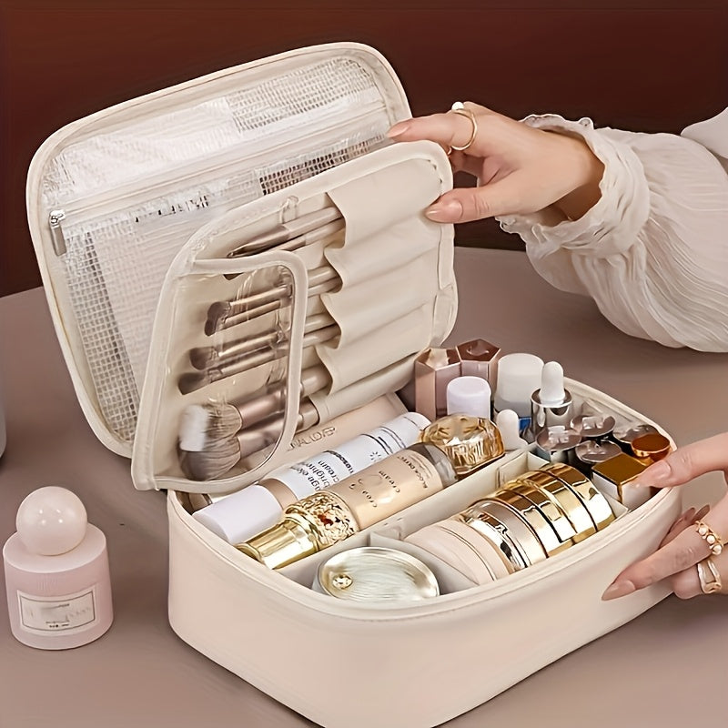 1pc Bolsa de Maquiagem Destacável de Grande Capacidade Multi-Camada - Organizador de Viagem de Couro Sintético com Malha e Bolsos Transparentes,