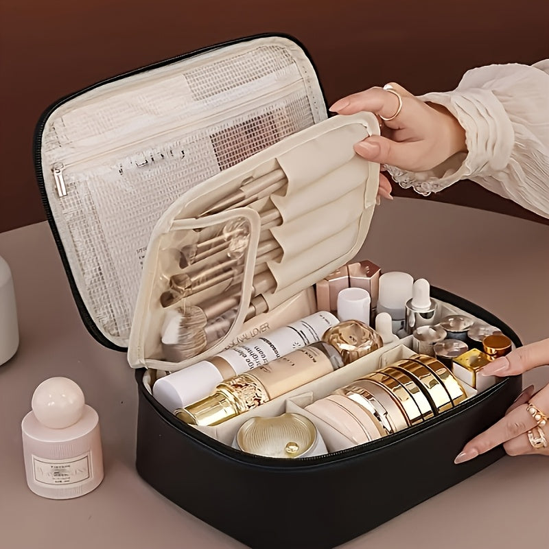 1pc Bolsa de Maquiagem Destacável de Grande Capacidade Multi-Camada - Organizador de Viagem de Couro Sintético com Malha e Bolsos Transparentes,